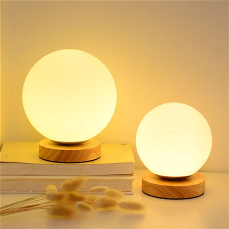 12cm simple glass creative warm dimmer night light desk bedroom bed decoration ball wooden small round desk lamp