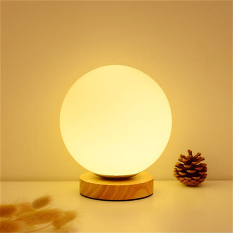 12cm simple glass creative warm dimmer night light desk bedroom bed decoration ball wooden small round desk lamp