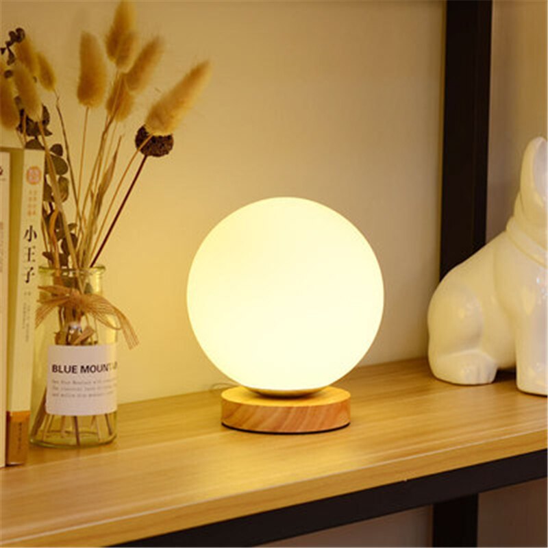 12cm simple glass creative warm dimmer night light desk bedroom bed decoration ball wooden small round desk lamp