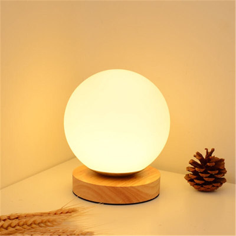 12cm simple glass creative warm dimmer night light desk bedroom bed decoration ball wooden small round desk lamp