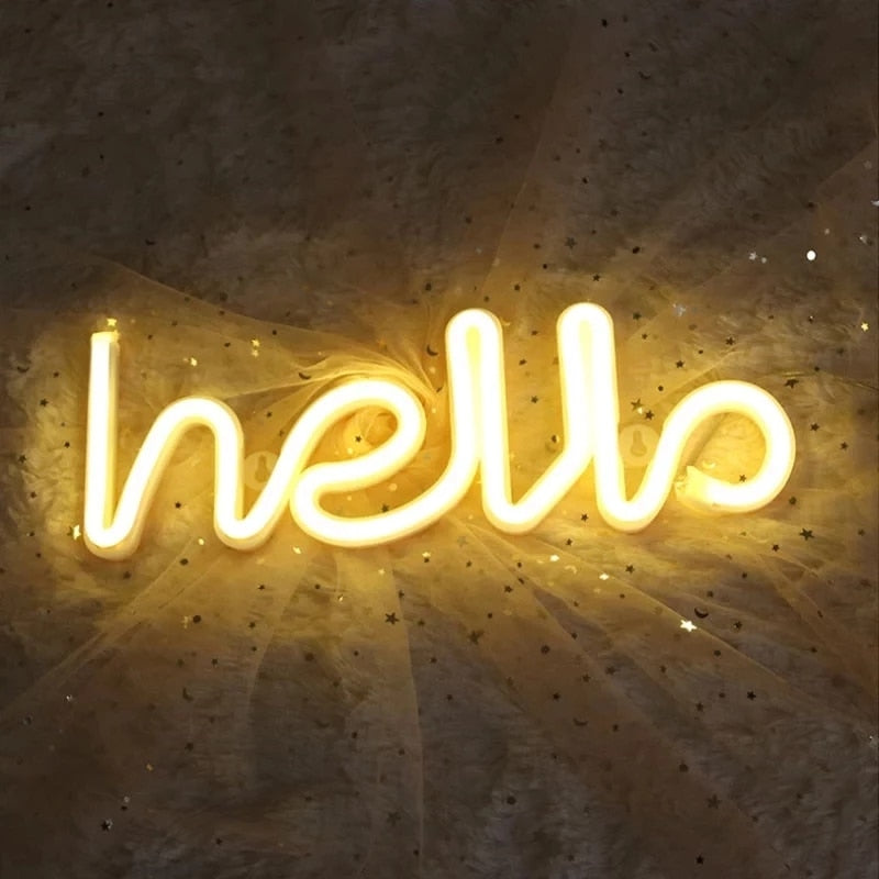 Hello Neon Light Store Greeting Signs Battery & USB Powered LED Wall Lights Home Decor Party Wedding Window Shop Bar Night Lamp