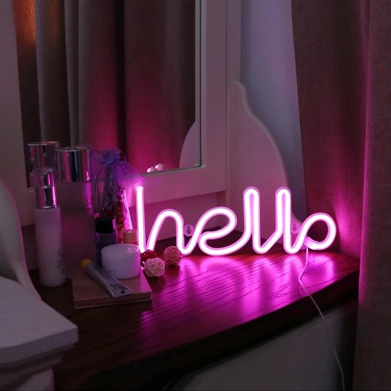 Hello Neon Light Store Greeting Signs Battery & USB Powered LED Wall Lights Home Decor Party Wedding Window Shop Bar Night Lamp