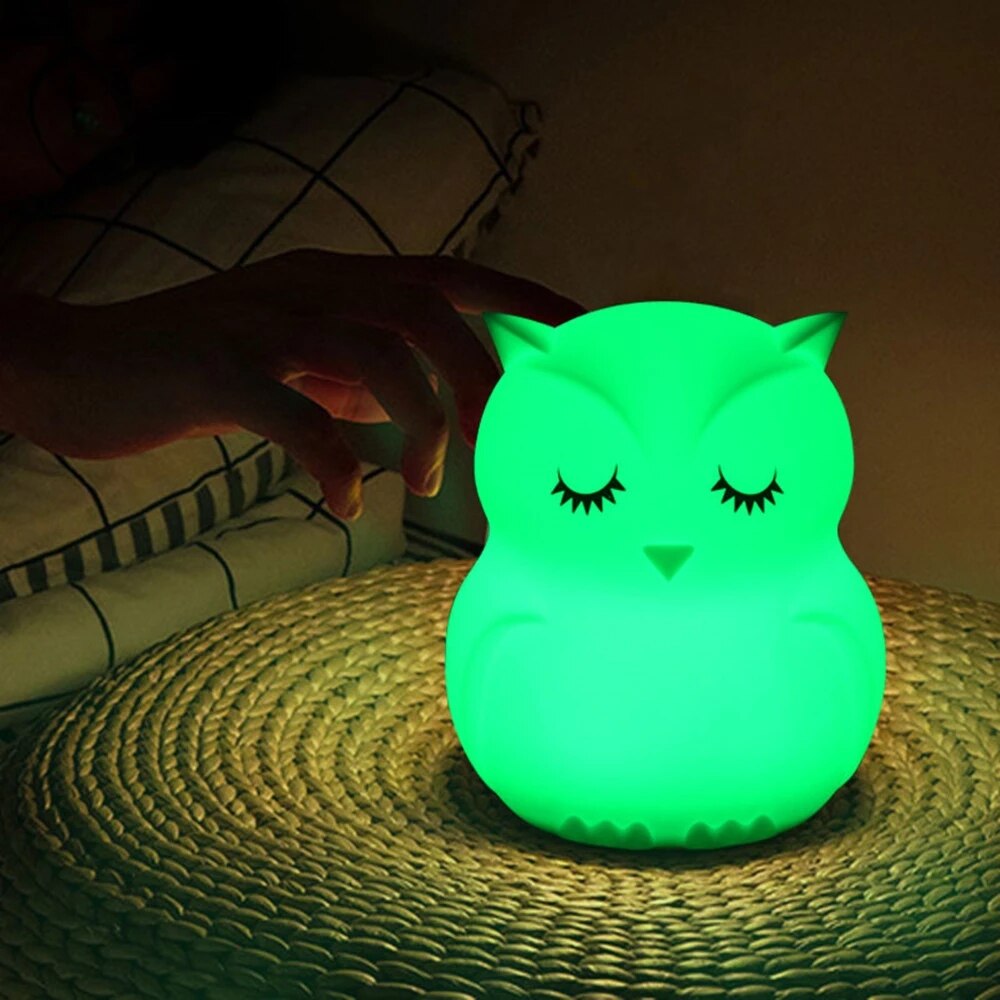 LED Owl Night Light Touch Sensor Remote Control 9 Colors Dimmable Timer USB Rechargeable Silicone Bedside Lamp for Children Baby