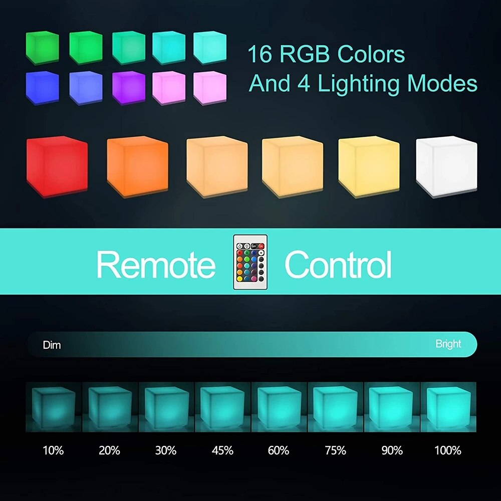 Mood Atmosphere Lighting 10CM Battery Operated Dimmable 16 Colors Changeable 4 Modes Cube LED Table Night Lamp Light with Remote