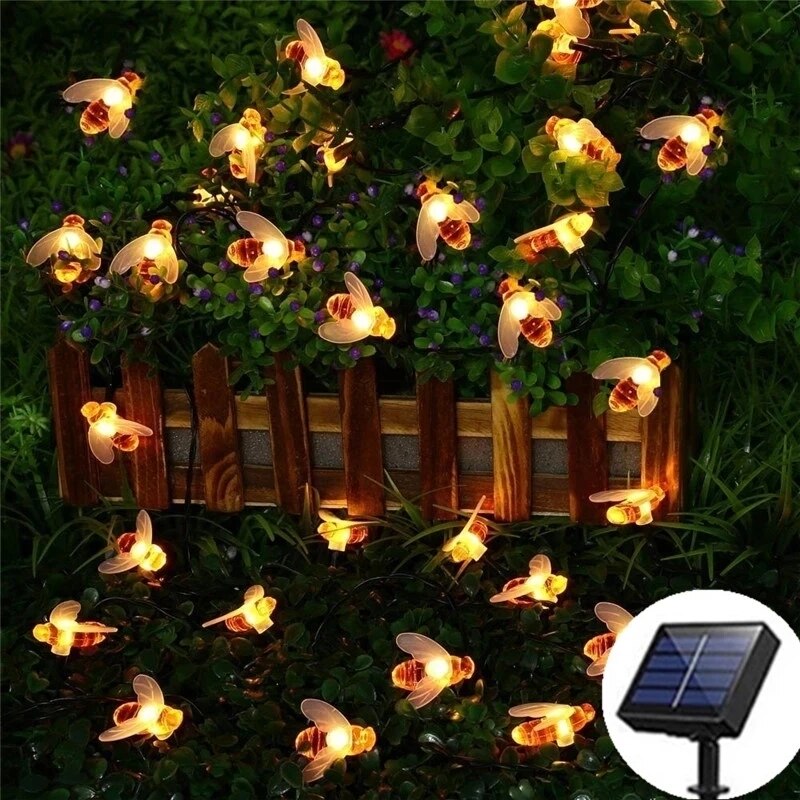 Solar Powered Cute Honey Bee Led New 20leds 30leds  String Fairy Light Bee Outdoor Garden Fence Patio Christmas Garland Lights